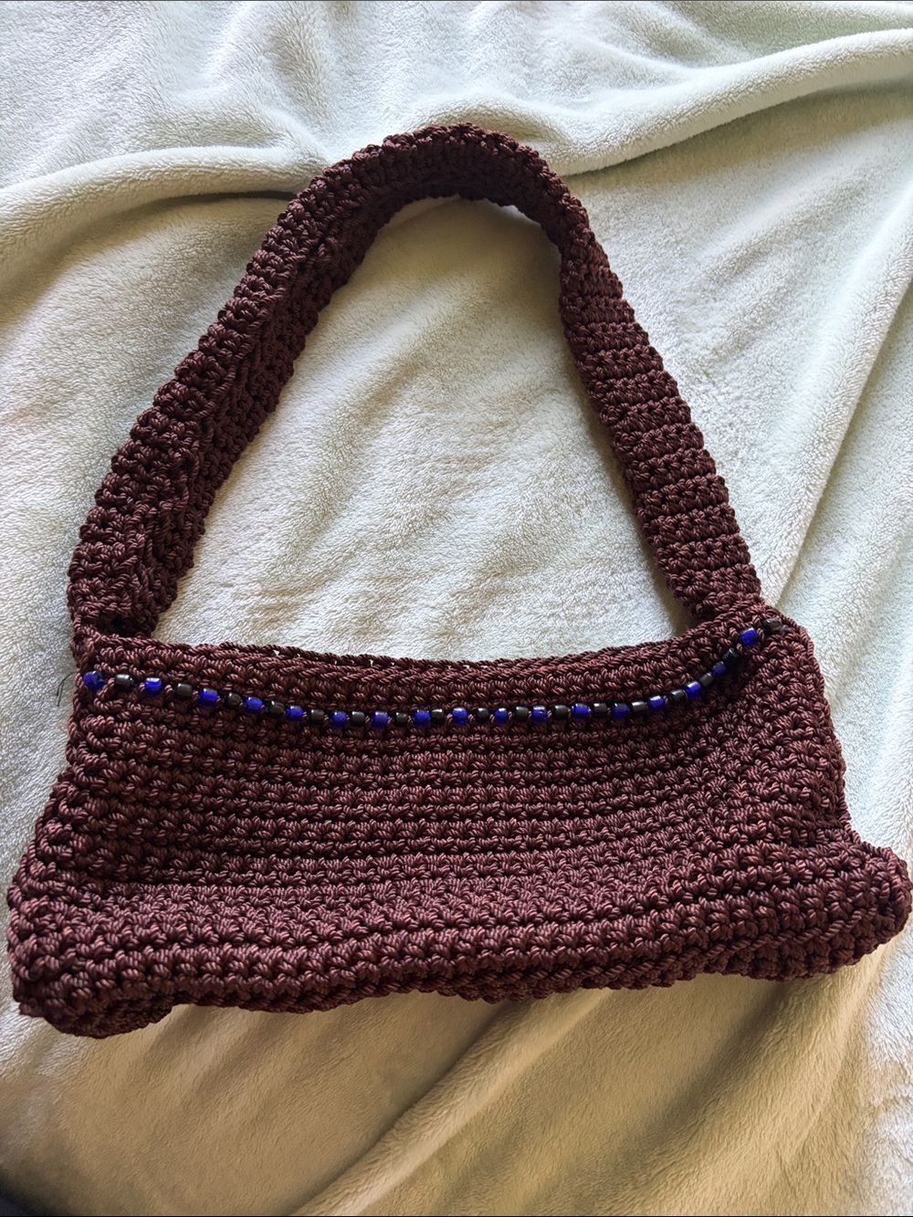 Handcrafted Brown Crocheted Shoulder Bag with Blue Bead Accent
